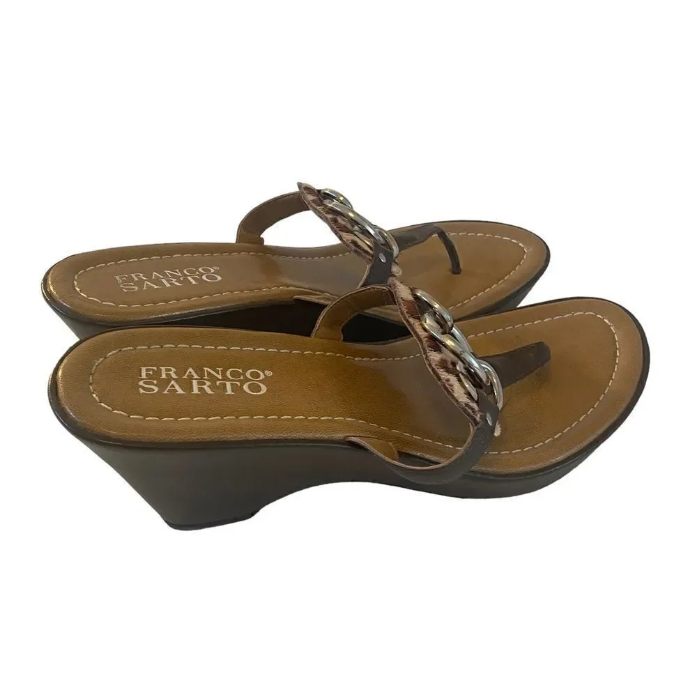 Franco Sarto Brown Wedge Thong Sandals w/ Leopard Print Pony Hair.